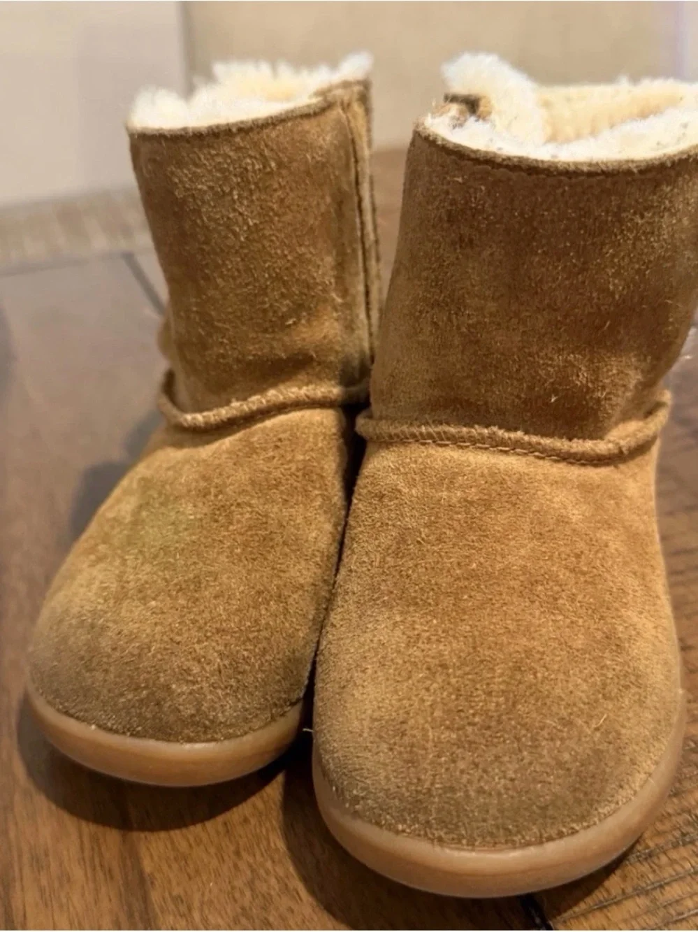 UGG Chestnut Suede Baby Boots with Shearling Trim